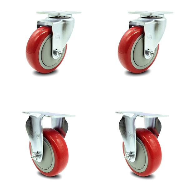 4 Inch Red Polyurethane Wheel Swivel Top Plate Caster Set with 2 Rigid SCC
